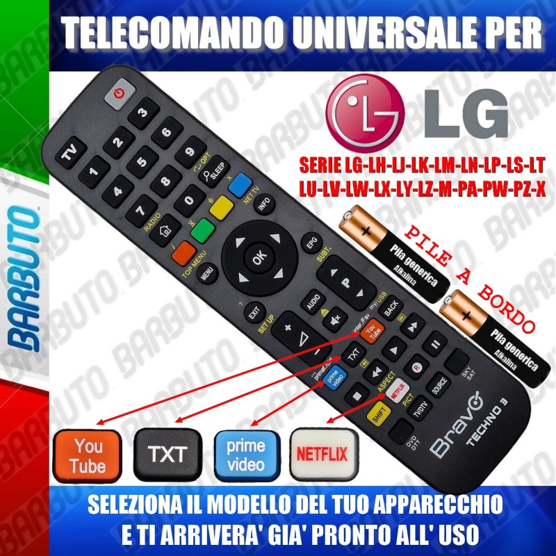 TELECOMANDO UNIVERSALE TECHNO PER LG SERIE  LG-LH-LJ-LK-LM-LN-LP-LS-LT-LU-LV-LW-LX-LY-LZ-P-X SCEGLI IL TUO MODELLO  DALL'ELENCO