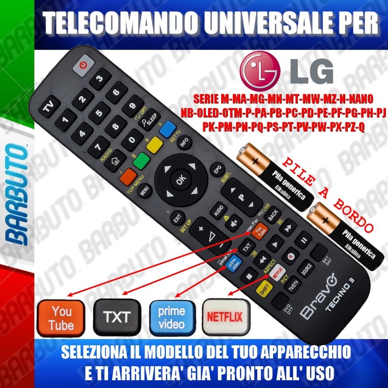 TELECOMANDO UNIVERSALE TECHNO PER LG SERIE M.. SERIE N.. SERIE O.. SERIE  P.. SERIE Q.. SCEGLI IL TUO MODELLO DALL'ELENCO