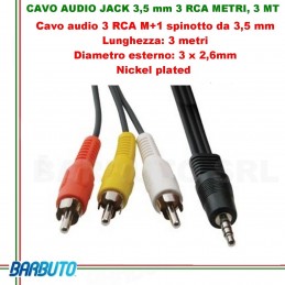 CAVO AUDIO 3,5 mm 2 RCA Maschio - 3 MT, Diametro esterno: 3 x 2,6 mm