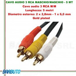 CAVO AUDIO 3 RCA MASCHIO / MASCHIO - 5 MT, Diametro esterno :2x2,8mm-1x6mm, GOLD