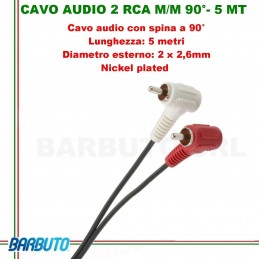 CAVO AUDIO 2 RCA MASCHIO/MASCHIO A 90° - 5 MT, Diametro esterno: 2 x 2,6mm