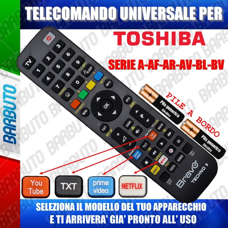 TELECOMANDO UNIVERSALE TECHNO PER TOSHIBA SERIE A-AF-AR-AV-BL-BV SCEGLI IL  TUO MODELLO DALL'ELENCO