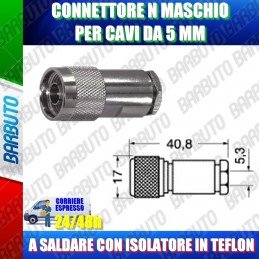 CONNETTORE N MASCHIO PER CAVI DA 5 MM A SALDARE CON ISOLATORE IN TEFLON