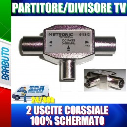 PARTITORE TV 2 USCITE COASSIALI SCHERMATO CON CONNETTORI 1 MACHIO E 2 FEMMINE