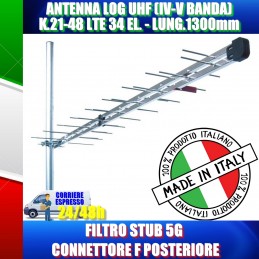 ANTENNA LOG UHF (IV-V BANDA) K.21-48 LTE 34 EL. - LUNG.1300mm FILTRO STUB 5G E CONNETTORE F POSTERIORE