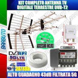 KIT COMPLETO ANTENNA TV DIGITALE TERRESTRE ALTO GUADAGNO 43dB FILTRATA 5G