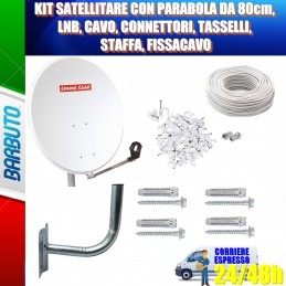 KIT SATELLITARE PARABOLA DA 80cm, LNB, CAVO, CONNETTORI, SUPPORTO, FISSACAVO