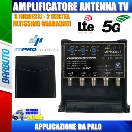 AMPLIFICATORE DA PALO ANTENNA TV 3 IN VHF + 2UHF - 2 OUT, 30 dB REGOLABILE LTE