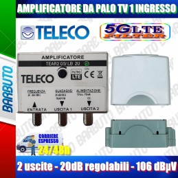 AMPLIFICATORE TV DA PALO 1 INGRESSO 2 USCITE 20dB REGOLABILI TELECO TEAR2G5/LB2U