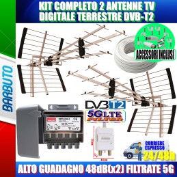KIT COMPLETO 2 ANTENNE TV DIGITALE TERRESTRE ALTO GUADAGNO 48dB(x2) FILTRATE 5G