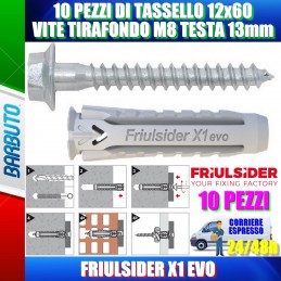 10 PEZZI DI TASSELLO 12x60 FIULSIDER X1 EVO CON VITE TIRAFONDO M8 DA 13mm