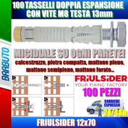 100 PEZZI TASSELLI DOPPIA ESPANSIONE CON VITE M8 TESTA 13mm FRIULSIDER 12X70