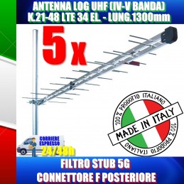 5 PEZZI ANTENNA LOG UHF (IV-V BANDA) K.21-48 LTE 34 EL. - LUNG.1300mm FILTRO STUB 5G E CONNETTORE F POSTERIORE