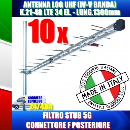 10 PEZZI ANTENNA LOG UHF (IV-V BANDA) K.21-48 LTE 34 EL. - LUNG.1300mm FILTRO STUB 5G E CONNETTORE F POSTERIORE