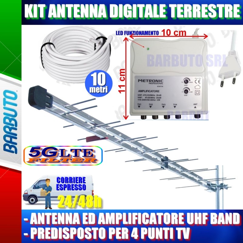 KIT ANTENNA DIGITALE TERRESTRE DVBT2 CON AMPLIFICATORE ADATTO FINO A 4 TV