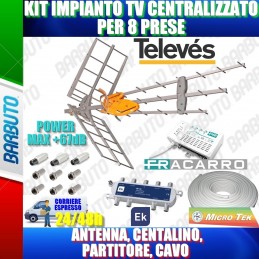 KIT IMPIANTO TV CENTRALIZZATO PER 8 PRESE +67dB ANTENNA CENTALINO PARTITORE CAVO