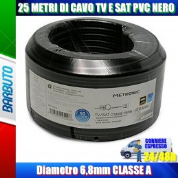 25 METRI DI CAVO TV E SAT PVC NERO Diametro 6,8mm CLASSE A