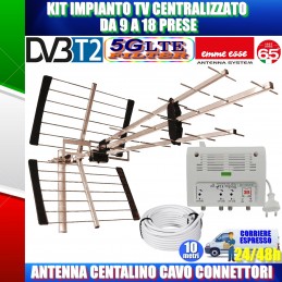 KIT IMPIANTO TV CENTRALIZZATO DA 9 A 18 PRESE ANTENNA CENTALINO CAVO CONNETTORI