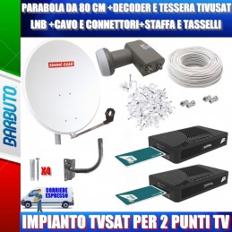 KIT TV SATELLITARE PARABOLA 80 + 2 DECODER CON TESSERA + LNB TWIN, CAVO E STAFFA