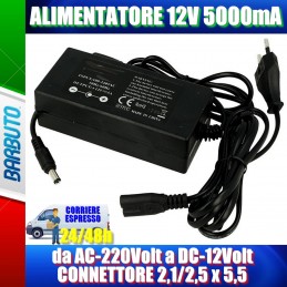 ALIMENTATORE 12V 5000mA, 60W, da AC-220Volt a DC-12Volt CONNETTORE 2,1 2,5 x 5,5