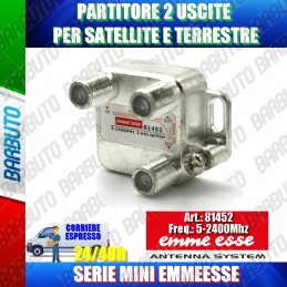 PARTITORE 2 USCITE, SPLITTER SAT, CONNETTORE F MARCA EMMEESSE SERIE MINI 81452