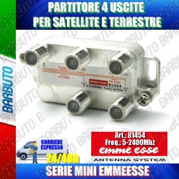 PARTITORE 4 USCITE, SPLITTER SAT, CONNETTORE F MARCA EMMEESSE SERIE MINI 81454