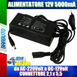 ALIMENTATORE 12V 5000mA, 60W, da AC-220Volt a DC-12Volt CONNETTORE 2,1 x 5,5