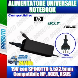 ALIMENTATORE UNIVERSALE NOTEBOOK 19V SPINOTTO 4,8x1,7mm compatibile HP,ACER,ASUS