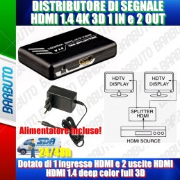 DISTRIBUTORE SPLITTER HDMI 1.4 4K 3D, 1 INGRESSO 2 USCITE MONITOR - HIGH QUALITY