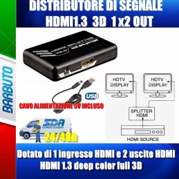 DISTRIBUTORE SPLITTER HDMI 3D, 1 INGRESSO 2 USCITE MONITOR - HIGH QUALITY