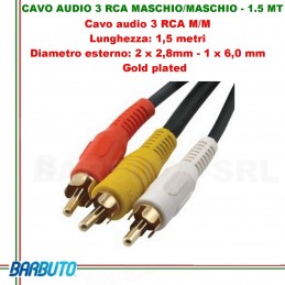 CAVO AUDIO 3 RCA MASCHIO/MASCHIO - 1.5 MT,Diametro esterno:2x2,8mm-1x6mm, GOLD