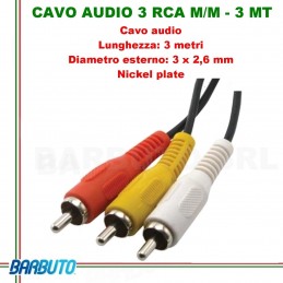 CAVO AUDIO 3 RCA MASCHIO/MASCHIO - 3 MT, Diametro esterno: 3 x 2,6 mm