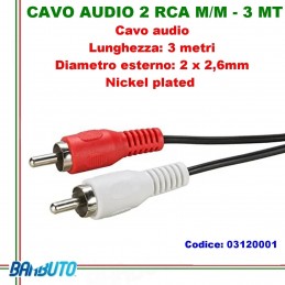 CAVO AUDIO 2 RCA MASCHIO/MASCHIO - 3 Mt, DIAMETRO ESTERNO 2 x 2,6mm