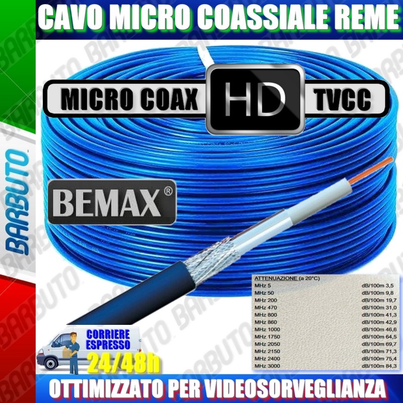 CAVO MICRO COASSIALE HD 3mm RAME VIDEOSORVEGLIANZA BLU 100 METRI