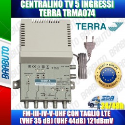 CENTRALINO TV 5 IN, FM-III-IV-V-UHF CON FILTRO 5G LTE VHF-35 dB UHF-44dB 121dBmV