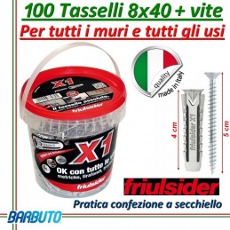 100 TASSELLI UNIVERSALI FRIULSIDER X1 IN NYLON 8X40 mm CON VITE E CON SECCHIELLO