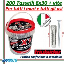 200 TASSELLI UNIVERSALI FRIULSIDER X1 IN NYLON 6X30 mm CON VITE E CON SECCHIELLO