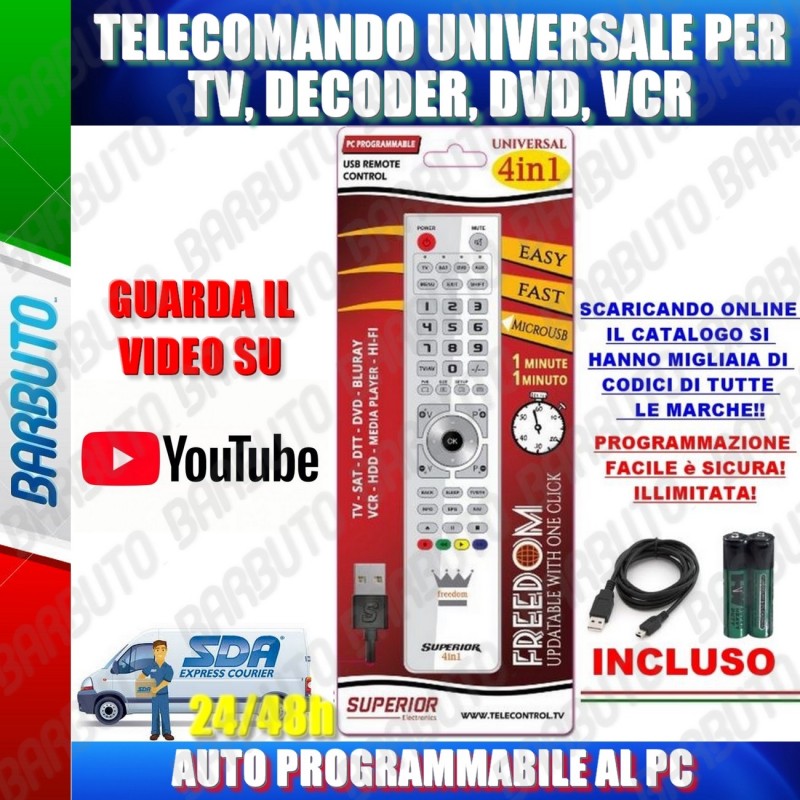 TELECOMANDO UNIVERSALE PER TV, DECODER, DVD, VCR - AUTO PROGRAMMABILE AL PC