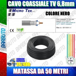 50mt CAVO COASSIALE TV 6,8mm CLASSE A, CONDUTTORE RAME 100%, MICROTEK H399 NERO