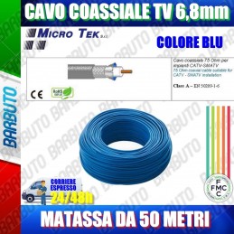 50mt CAVO COASSIALE TV 6,8mm CLASSE A, CONDUTTORE RAME 100%, MICROTEK H399 BLU