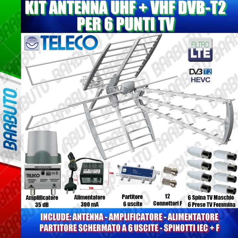 KIT ANTENNA TV DIGITALE TERRESTRE PER 6 PRESE TV PER VILLETTA O CASA SINGOLA