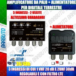 AMPLIFICATORE DA PALO + ALIMENTATORE PER DIGITALE TERRESTRE 3 IN VHF+2UHF 30 dB