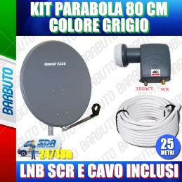 KIT PARABOLA 80 CM COLORE GRIGIO CON LNB SCR E CAVO, OTTIMO PER MYSKY HD