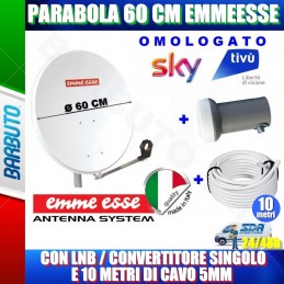 KIT PARABOLA 60 CM IN ACCIAIO EMMEESSE CON LNB SINGOLO UNIVERSALE HD E CAVO