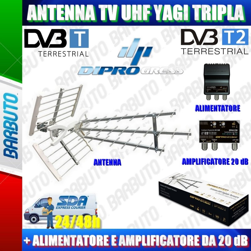 ANTENNA PER TV DIGITALE TERRESTRE UHF TRIPLA + ALIMENTATORE E AMPLIFICATORE  20dB