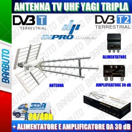 ANTENNA PER TV DIGITALE TERRESTRE UHF TRIPLA + ALIMENTATORE E AMPLIFICATORE 30dB