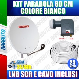 KIT PARABOLA 80 CM COLORE BIANCO CON LNB SCR E CAVO, OTTIMO PER MYSKY HD