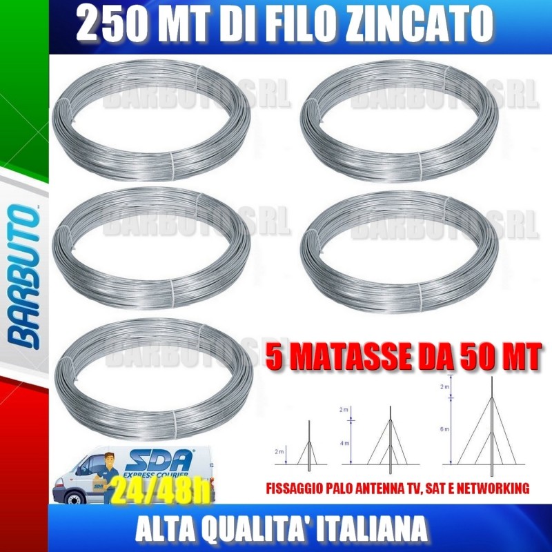 TIRANTI PER ANTENNA - FILO ZINCATO 1,2 mm 250 MT (5 X MATASSINE DA 50 MT  CAD.)
