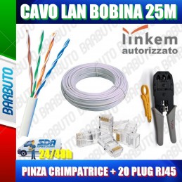 KIT 25MT DI CAVO LAN CAT5e UTP 100%RAME OMOLOGATO LINKEM + PINZA + 20 PLUG RJ45