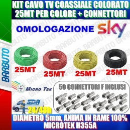 KIT CAVO TV COASSIALE COLORATO, 25MT X COLORE, 5mm, MICROTEK H355A + CONNETTORI